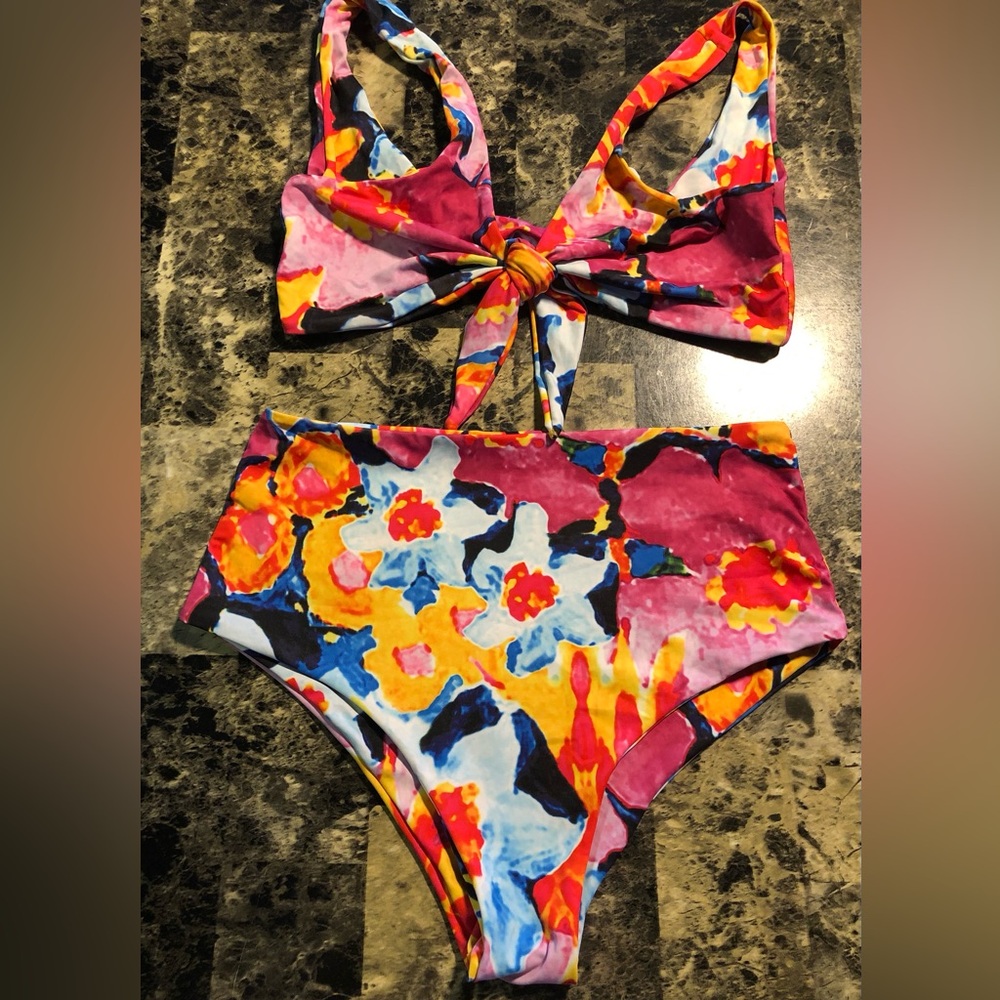 Colorful Floral High Waisted Swimwear Set